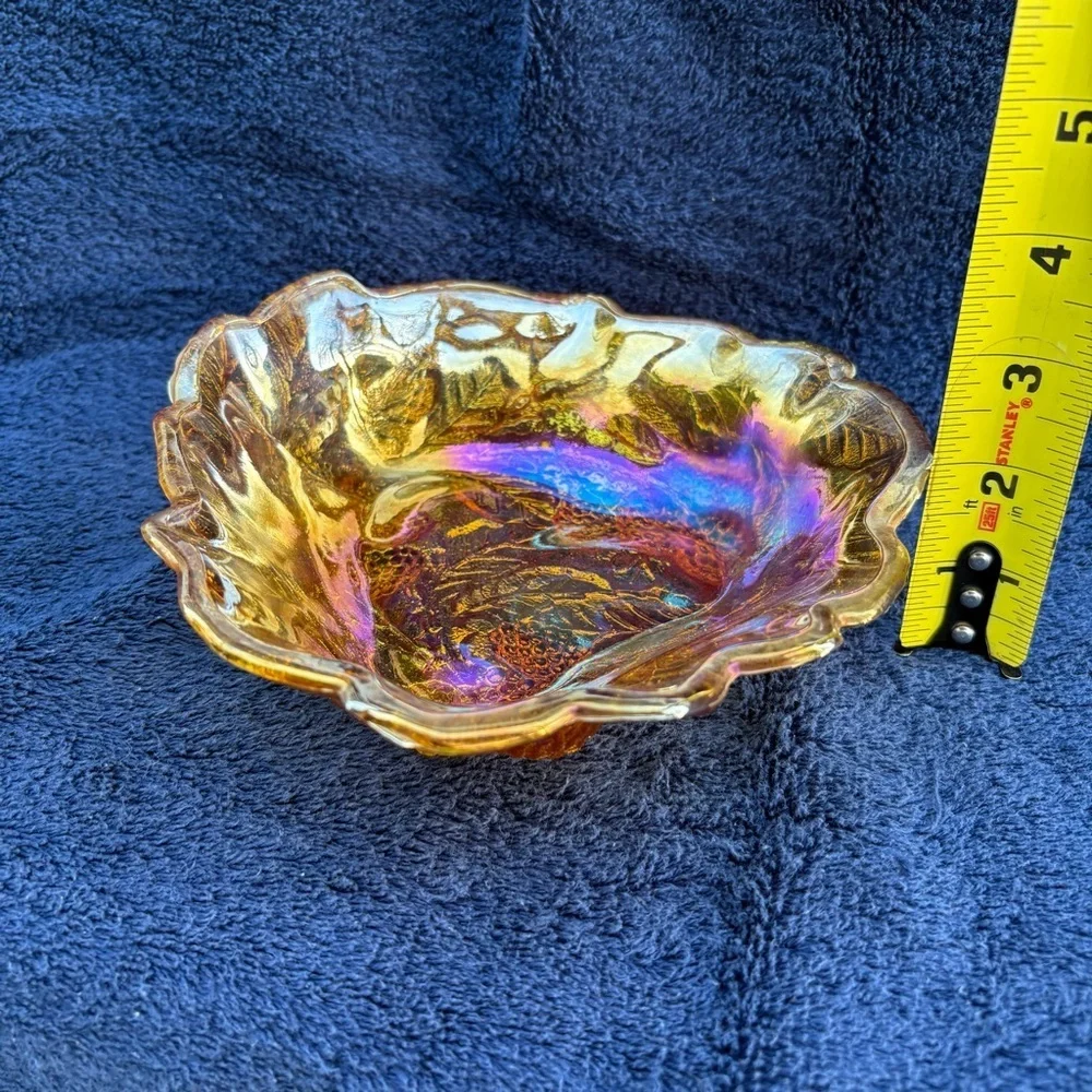 1970’s MCM 7 1/2” Indiana Glass Carnival Amber Leaf & Berry Candy Nut Dish Decor
